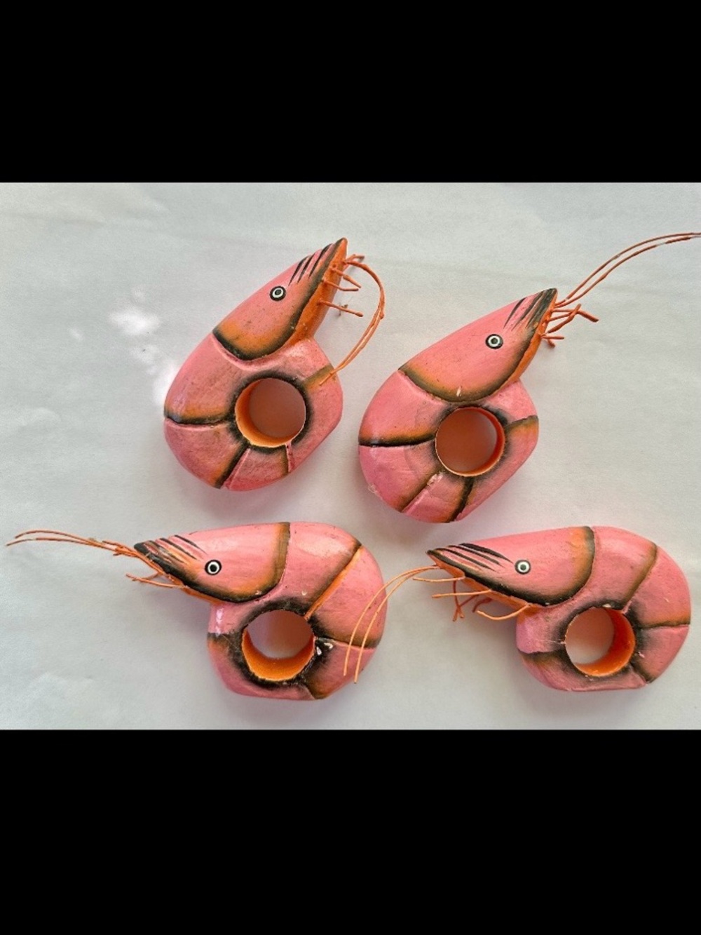SET OF 4 PAINTED WOODEN NAPKIN RINGS SET PINK SHRIMP PRAWNS SUMMER CRAB BOIL